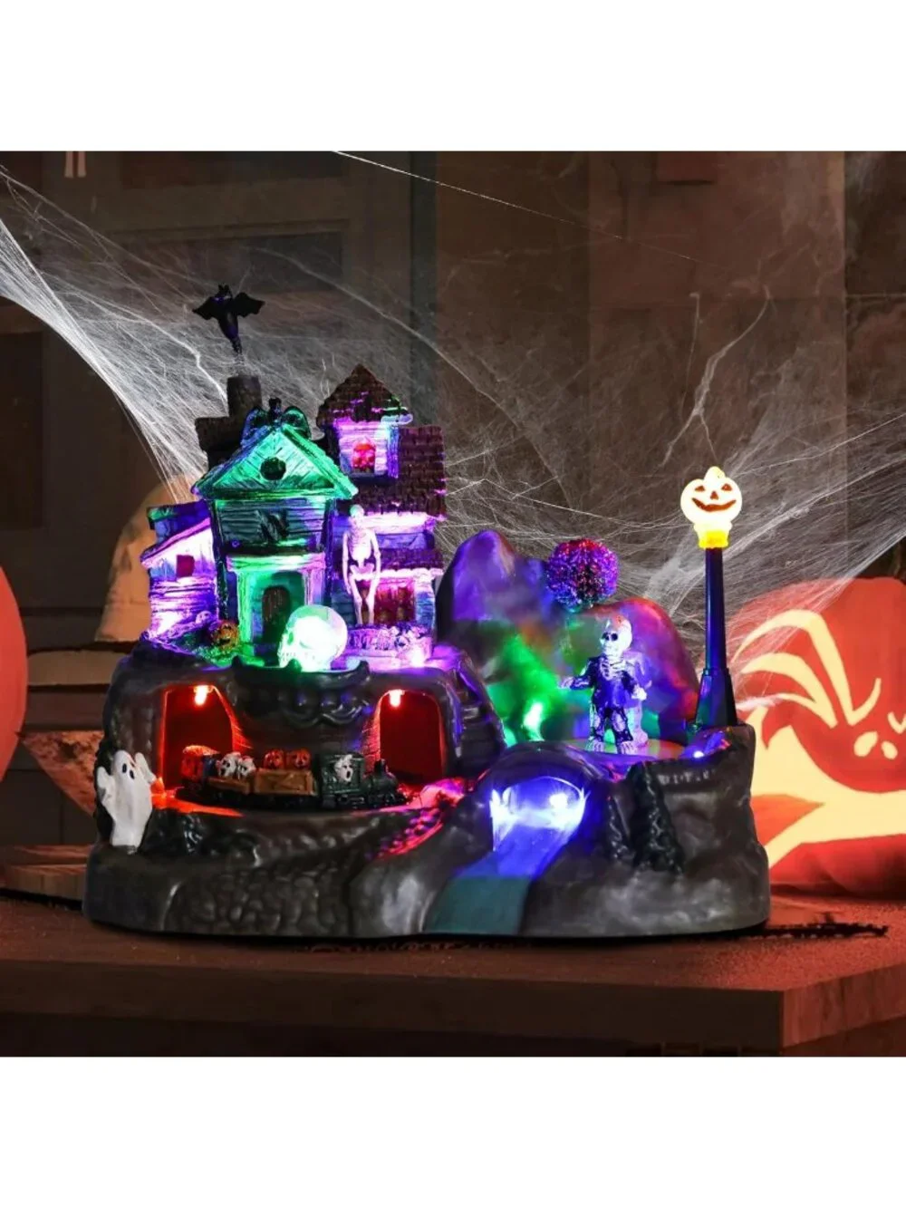 Lighted Haunted House Decor with Animated Train, Skull, Ghost & Pumpkin